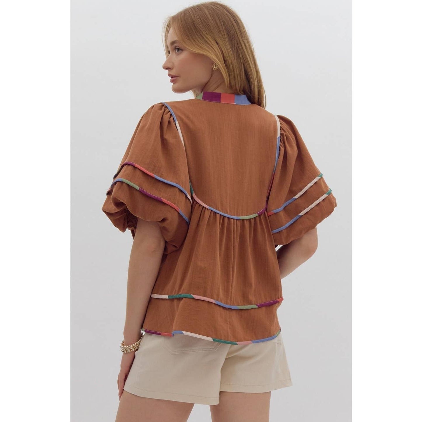 Puff Sleeve Multi-Colored Trim Top