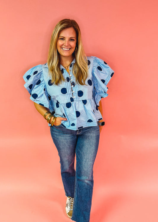 PEPPY POLKA DOT RUFFLE TOP - BLUE